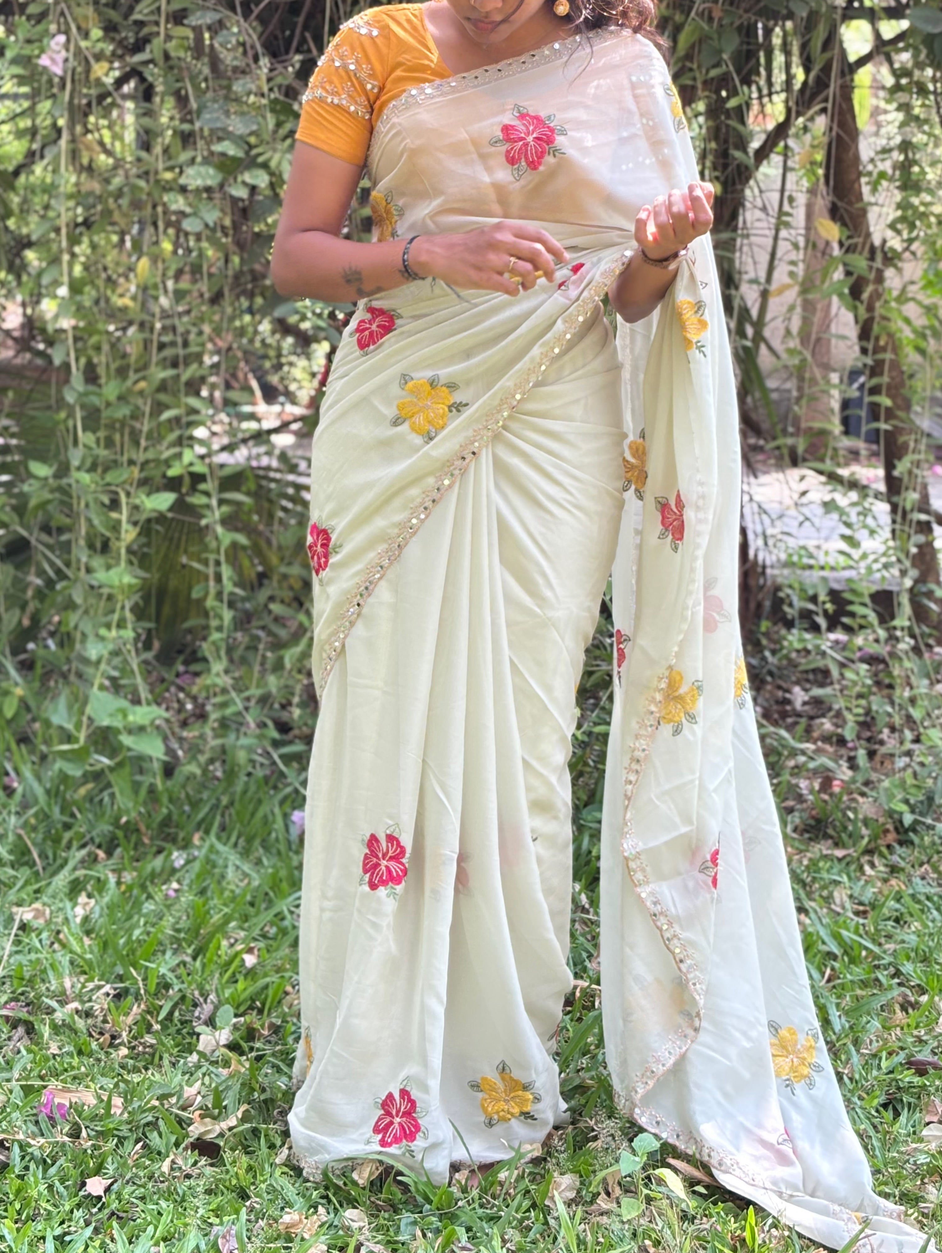 Floral Mirror Embroidery Saree