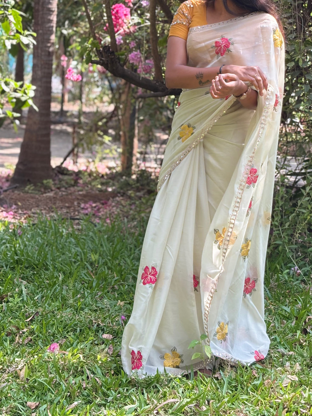 Floral Mirror Embroidery Saree